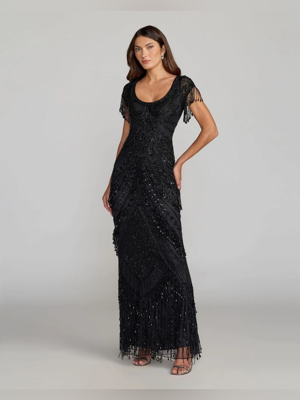 Mac Duggal 6190 NWT Black Cap Sleeve Beaded Fringe Column Gown